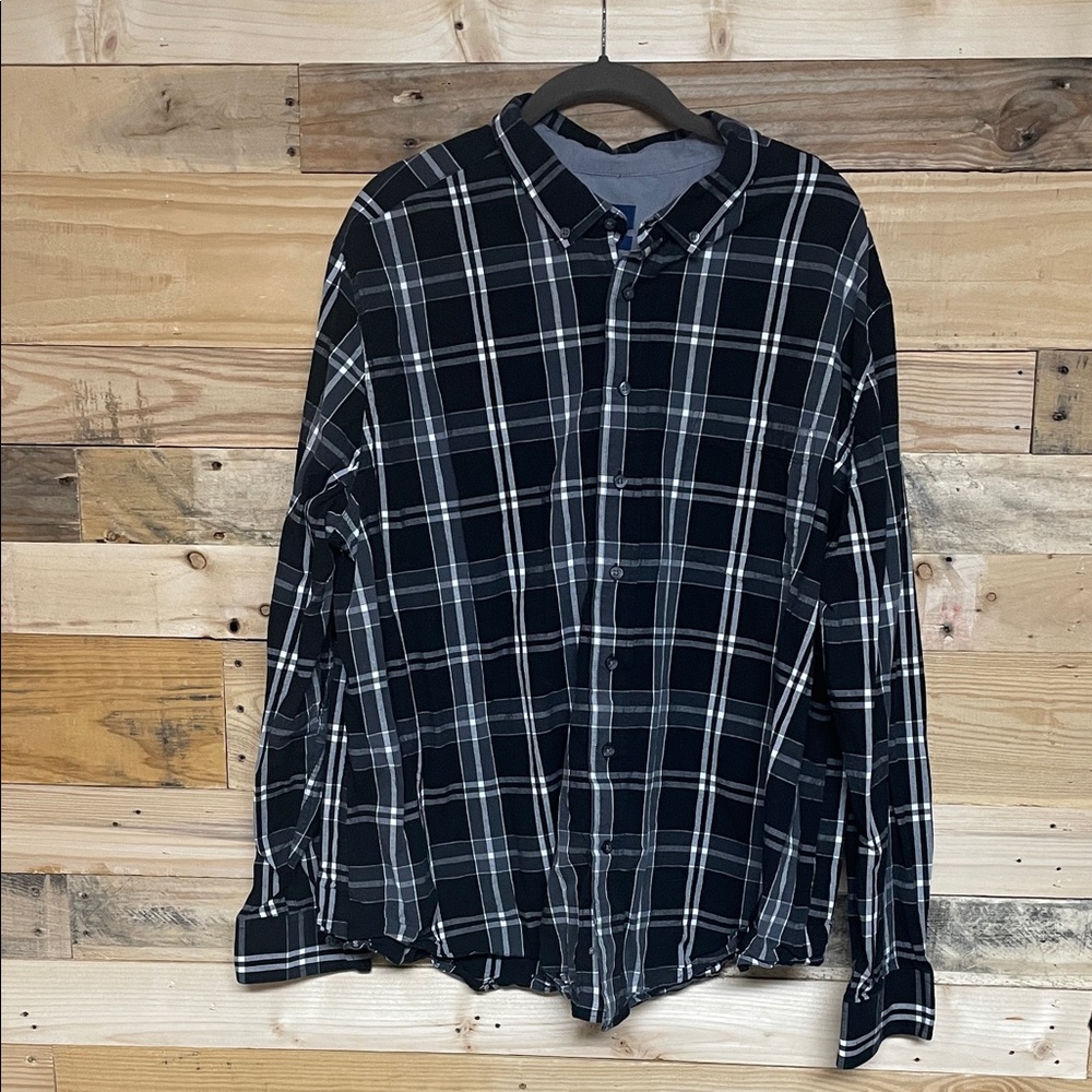 George size 2XL (50-52) Black, Gray, and White Checkered Plaid Button-down Shirt
